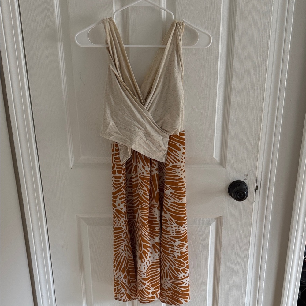 Anthropologie Cream Wrap Top with Rust Printed Skirt Dress